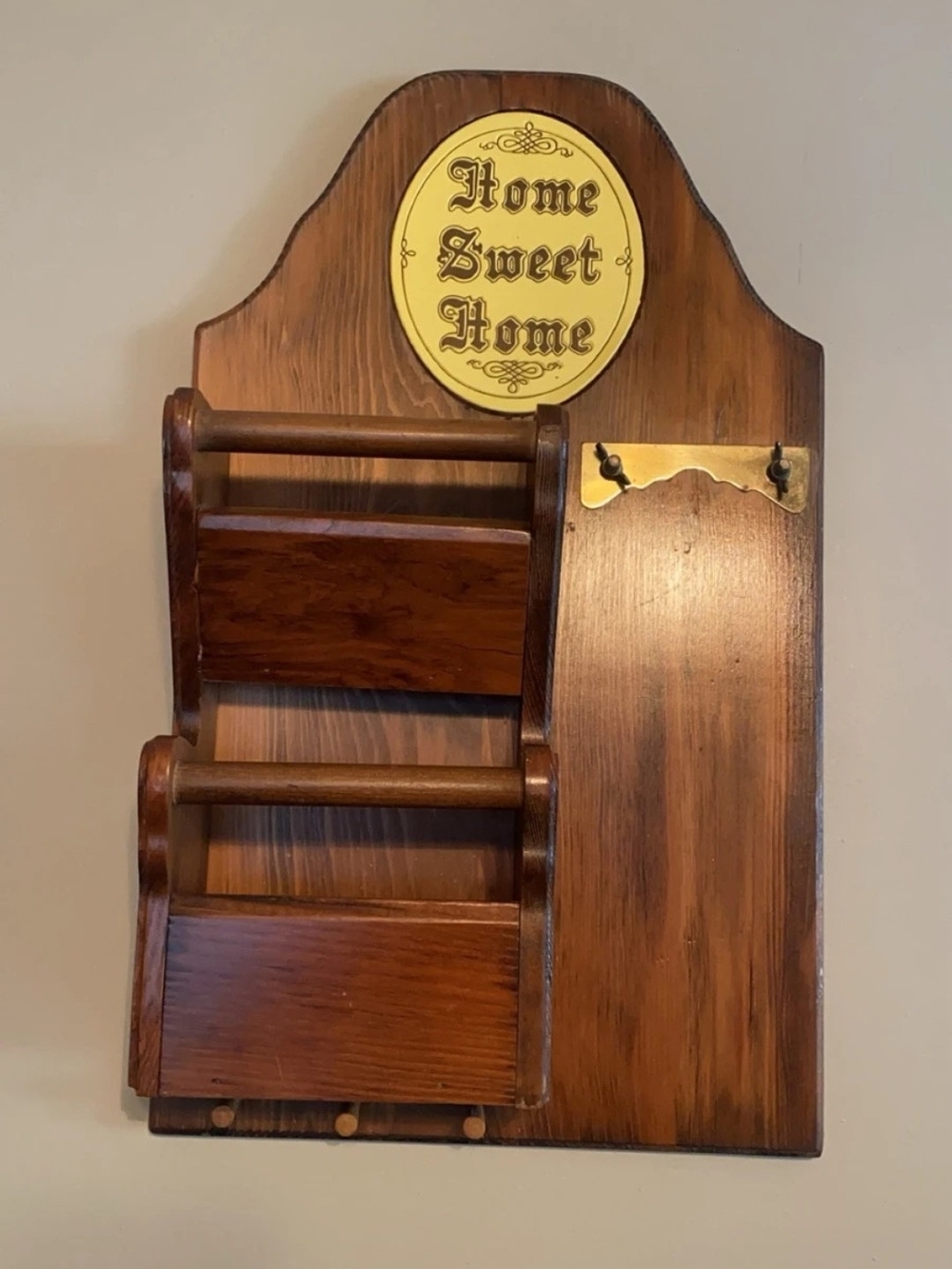 Wooden Wall Mail and Key Organizer - Brown "Home Sweet Home"